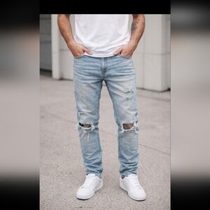 Mens Light Blue Distressed Straight Jeans